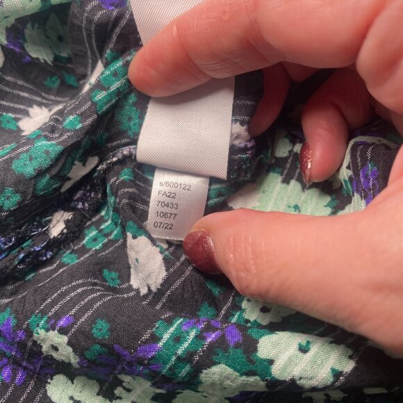 Loft Floral Purple Aqua Black Balloon Sleeve Smocked Womens M Blouse Office EUC - Picture 5 of 7